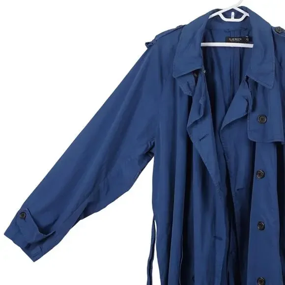 LAUREN RALPH LAUREN Women Trench Coat 18 Blue Cotton Belted Double Breasted - Picture 4 of 11